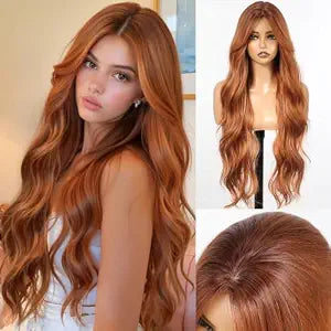 Sunset Copper Auburn Wig With Bangs 30''Long Wavy PuffPro Voluminous High Crown Wigs for Women,3x4''Parting Realistic Scalp,Mob Wife Aesthetic/Clean Girl/Office Siren/Old Money Styles