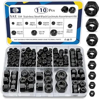 110Pcs SAE Stainless Nylon Lock Nuts Assortment Kit;Black #6-1/2 Locknut