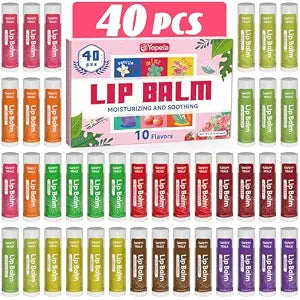 40 Pack Natural Lip Balm Bulk with Vitamin E and Coconut Oil - Moisturizing Dry Cracked Lips, Mini Chap Stick Gifts for Kids Women Men- 10 Flavors, Valentine's Gifts