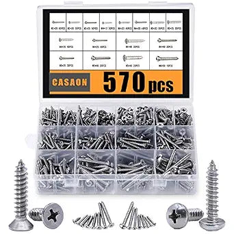 570Pcs Self Tapping Screws Assortment Set, M3/M4/M5/M6 304 Stainless Steel Sheet Metal Screws Kit, Phillips Drive Wood Screw Assortment 570pcs (285pcs Round Head and 285pcs Flat Head)