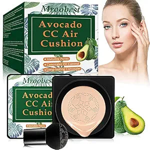 Mroobest BB Air Cushion, Avocado BB Cream, CC Cream, All-Day Lasting Nude Makeup Foundation, with Mushroom Air Cushion, Even Skin Tone Makeup Base, Easy to Apply, Thin, Moist