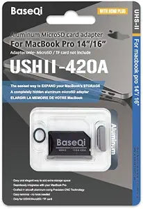 BaseQi UHS-II Aluminum microSD Adapter for MacBook Pro 14" & 16 (2021 M1/ 2022 M2 / 2023 M3 / 2024 M4) (Space Black, Adapter)
