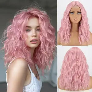 MISSQUEEN Shrot Light Pink Wavy Wig,Pink Bob Wigs for Women Halloween Use