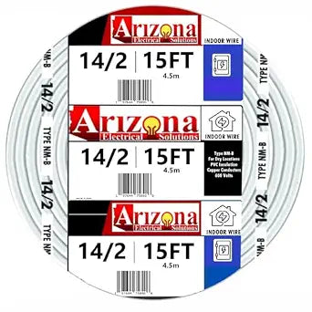 Arizona Electrical Solutions 14/2 NM-B Copper Wire, 15 FT White Indoor Electrical Wire, 14 AWG Solid Copper 2 Conductor with Ground, 600V Non-Metallic Sheathed Cable for Residential Wiring