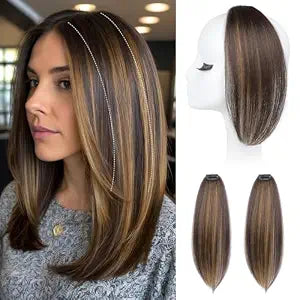 REECHO Clip in Hair Volumizer, 2PCS 12 inch Short Thick Clip in Hairpieces Adding Extra Volume Hair Extensions for Women - Dark Brown with Highlights