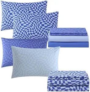 Urban Lifestyle Stylish Cozy 8 Piece Blue Check Sheet Set, Includes 4 Pillow Cases, 2 Flat Sheets, and 2 Fitted Sheets,Queen