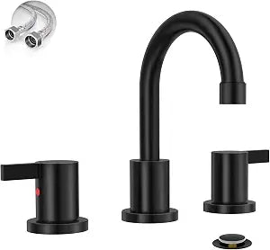 Phiestina Matte Black 8 Inch Widespread Bathroom Faucet 2 Handle 3 Hole Bathroom Vanity Faucet with Metal Pop Up Drain & Water Supply line,BF03042-K01-MB