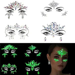 Glows Face Gems Jewels, 4 Pack Noctilucent Stickers Glow in the Dark Tattoo Crystals Body Gems Stick on for Halloween Carnival Festival Party