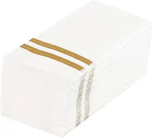 Restaurantware-Luxenap 15.8 X 7.9 Inch Linen-Feel Guest Towels, 50 Gold Striped Hand Towels -  Fold, airlaid, White Paper Dinner Napkins, Disposable, For Restrooms, Kitchens, And Tables