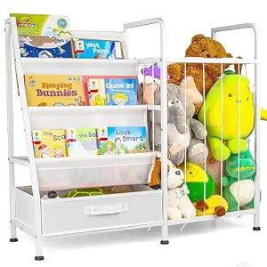 Kids Bookshelf & Stuffed Animal Storage  Large White 3-Tier Book Display Rack with Sling Shelves & Fabric Toy Chest | Toy Organizer for Playrooms, Bedrooms, Nurseries