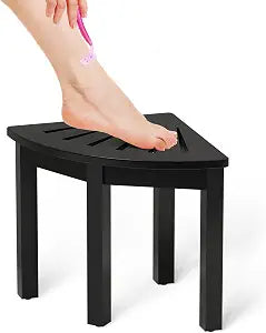 Domax Bamboo Corner Shower Foot Rest Stool for Shaving Legs, 12 inch Non-Slip Waterproof Small Corner Shower Bench for Bathroom Bath Seat Spa, Black