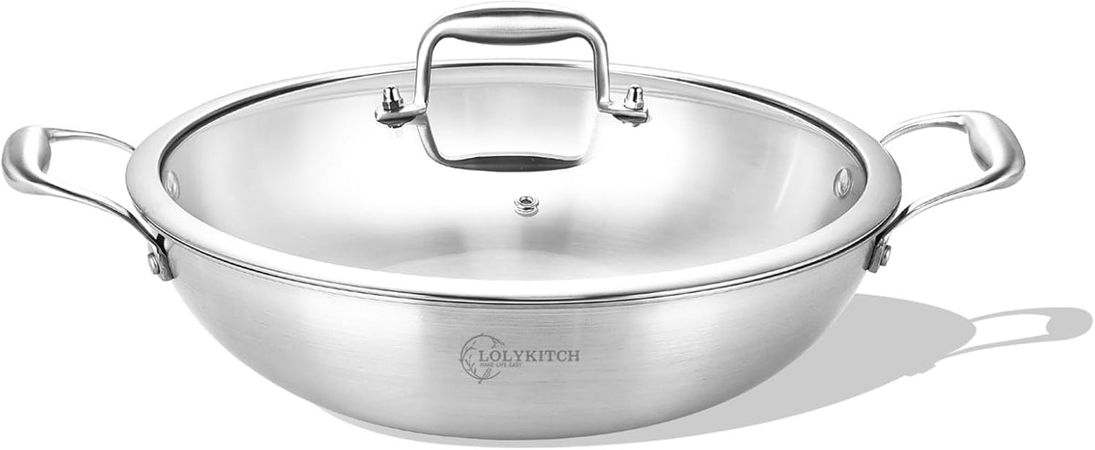 LOLYKITCH 10-Inch Stainless Steel Wok with Lid | 2.5-Quart | Dual Handles