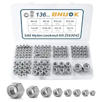 136PCS SAE Lock Nuts Assortment Kit 6-32 8-32 10-32 10-24 1/4-20 5/16-18 3/8-16 1/2-13, 304 Stainless Steel Nylon Insert Locknuts Set