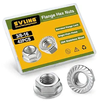 3/8-16 Flange Nuts 42Pcs, Serrated Flange Hex Nuts 304 Stainless Steel 18-8, Bright Plain Finish