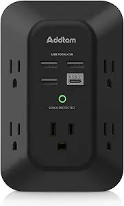 Addtam Surge Protector, Outlet Extender with 5 AC and 4 USB Ports, Black