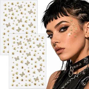 2 Sheets Gold Face Gems Stick on, Butterfly Star Rhinestone Face Jewels Stickers, Self Adhesive Crystal Face Stickers for Halloween Costume Cosplay Rave Festival Y2K Punk Makeup Accessories for Women