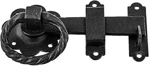 Renovators Supply Manufacturing Black Wrought Iron Floral Ring Pull Gate Latch Fence Door Lock with Mounting Hardware
