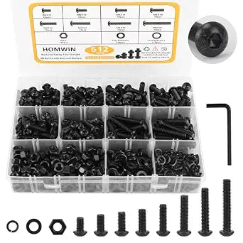 Homwin 512Pcs M6 Bolts and Nuts Kit, M6x10/12/14/16/20/25/30/35mm Button Head Hex Socket Cap Screws 12.9 Grade Alloy Steel Bolt Nut Washer Assortment Black Galvanized