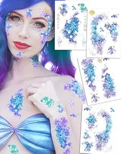 YanZonic 12 Sheets Halloween Mermaid Scale Temporary Tattoos, Shimmering Under the Sea Theme Party Decorations, Ocean Inspired Makeup Accessories for Festivals, Events