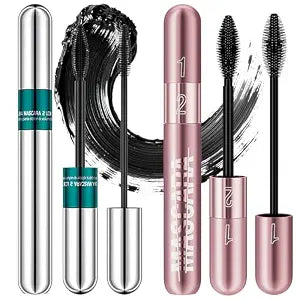 2-in-1 4D Silk Fiber Mascara 2Pcs,Waterproof Smudge Proof Black Lash Makeup