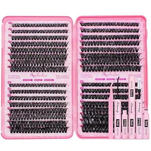 DIY Lash Extension Kit 616pcs Individual Lashes Clusters D Curl Eyelash Extensions Kit with Lash Bond and Seal Tweezers Lash Books DIY at Home (9-16mm,50D+60D+80D+100D,KIT)