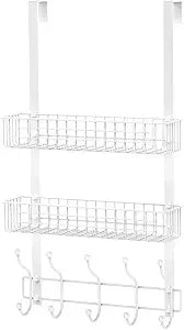 Coat Rack, Over the Door Hanger with Mesh Basket, Detachable Storage Shelf for Towels, Hats, Handbags, Coats (White-2 Baskets)