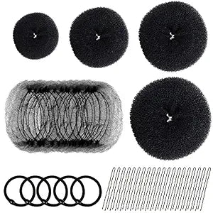 FANDAMEI Hair Donut Bun Maker Set - 4 Bun Shapers, 20 Invisible Nets, 5 Elastics, 20 Bobby Pins (Black)