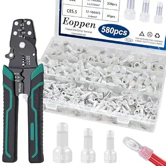 580Pcs Closed End Crimp Connector with Wire Stripper Crimping Tool 22-16, 16-14, 12-10 AWG Nylon Wire Connector Crimp Wire Nuts for Electrical Equipment, Audio Wire Connectors