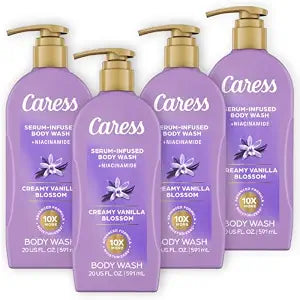 Caress Creamy Vanilla Blossom Moisturizing Body Wash with Pump, Serum-Infused Formula with Niacinamide, Sweet Musky Long Lasting Fragrance, Dermatologist Tested, 20 fl oz (4 Pack)