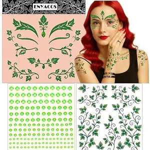 Ivy Face Sticker Set with Face Paint Temporary Tattoos and Green White Face Gems, Glitter Ivy Accessories for Halloween Costume, Cosplay Festival Makeup for Women Girls (A)