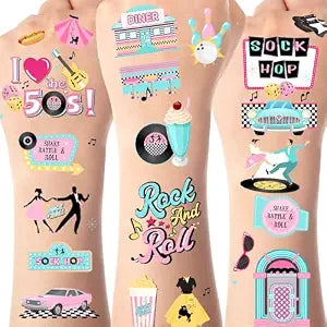 Serencatcher 144pcs 50's Theme Decorations Sock Hop Tattoos, 1950s Shake Rattle Rock and Roll Temporary Tattoos Stickers for Retro Props 50s Sock Hop Party Favors Theme Adult Birthday Party