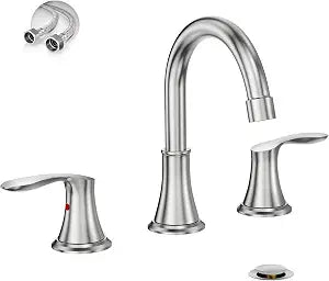 Phiestina Widespread 8 Inch 3 Holes Brushed Nickel Bathroom FaucetTwo Handles Stainless Steel Bathroom Sink Faucet with Metal Pop-Up Drain and Water Supply Lines, WFTY36-BN