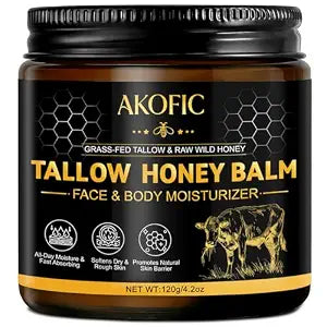 Beef Tallow for Skin, Tallow and Honey Balm, Organic Grass-Fed Beef Tallow for Face with Raw Honey and Beeswax, Body & Face Moisturizer for Dry/Sensitive Skin, Natural Formula, Light Scent