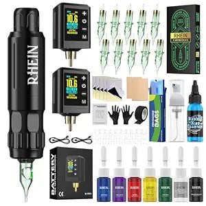 RHEIN Rotary Tattoo Gun Pen Kit - Complete Starter Set with 2 Wireless Power Supplies, 10 Needles, Full Supplies for Beginners & Artists RN-TKP603B-1
