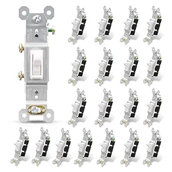 ELEGRP Single Pole Toggle Light Switch, 15 Amp, 120 Volt, Toggle Framed AC Quiet Switch, In Wall On/Off Switch Replacement, Self-Grounding, Residential and Commercial Grade, UL (20 Pack, Glossy White)