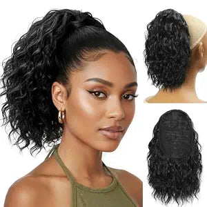 10 inch Ponytail Extension Drawstring for Women Short Wavy Curly Ponytails Fluffy Natural Looking Pony Tails Hair Extensions Synthetic Hairpiece (1B, 10 inch)