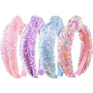 Knotted Headbands for Girls Women, 4Pcs Glitter Sequins Rainbow Headbands Girls Sparkly Top Knot Headband Pink Blue Purple Hairbands Hair Accessories for Back to School or Daily Outfits