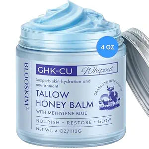 Copper Peptide GHK-Cu Beef Tallow: Grass-Fed Blue Balm for Mature Skin - Face and Body Moisturizer with Methylene Blue, Manuka Honey & Vitamin E ��� Natural Skincare for Dry & Sensitive Skin ��� 4 oz