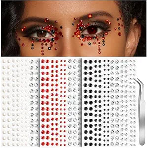 Teenitor 3 Sheets Red and Black Face Gems Stick on Hair Gems,Face Jewels Self-Adhesive Face Rhinestones for Makeup Face Eyes Body, Festival Rave Accessories for Women Halloween Makeup