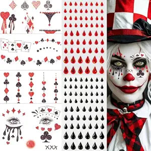 Halloween Clown Face Tattoos Makeup Decorations, 4 Sheets Glitter Clown Face Temporary Tattoos with 2 Sheets Black Red Face Gems Diamonds Sticker for Day of Dead Carnival Party