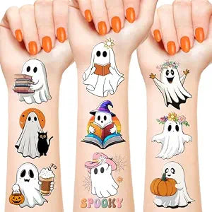 144 PCS Cute Halloween Ghost Temporary Tattoos Stickers, Halloween Ghost Party Favors Supplies Birthday Party Decorations, 24 Sheets