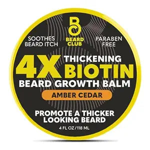 The Beard Club Biotin Beard Balm for Men - Beard Growth Shea Butter with Castor & Coconut Oil - Moisturizing, Hydrating and Softening Cream - Amber Cedar Scent - 4 oz