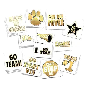 Team Spirit Temporary Tattoos / 48 Pack/Perfect for Game Days - Cheer - School Events - Spirit Day/Skin Safe/Removable (Black & Metallic Gold)