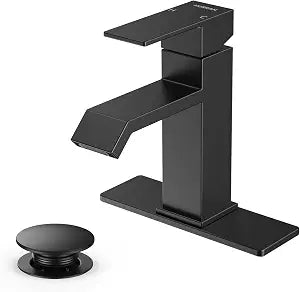 Single Handle Bathroom Faucets, HURRAN Matte Black Bathroom Sink Faucet Stainless Steel Vanity Faucet(1 Hole or 3 Holes), Modern Basin Faucets for RV Restroom Sink with Deck Plate and Pop-up Drain