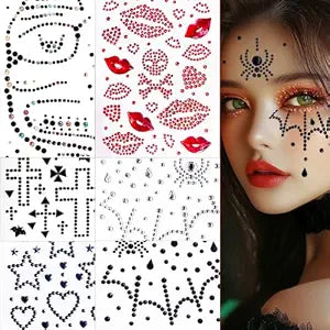 Halloween Face Gems, 6 Sheets, 3D Spider Web Makeup Face Jewels for Women