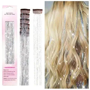 Clip in Hair Tinsel, POROLIR 6Pcs Glitter Fairy Tinsel Hair Extensions 20 Inch Shiny Hair Tinsel Heat Resistant, Sparkly Strands Hair Accessories, Festival Gift for Women Girls Kids (Silver)