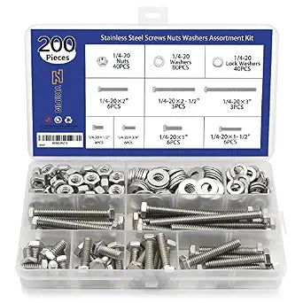 200PCS Nuts and Bolts 1/4-20 x 1/2, 3/4, 1, 1-1/2, 2, 2-1/2, 3 Carbon Steel Hex Bolts and Nuts Assortment Kit Hardware Screws Set (7 Different Sizes)
