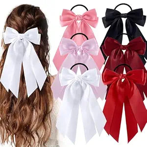 6Pcs Bow Hair Ties Non-Damage Ponytail Holders Hair Bows Ribbon for Women Fashion Bows Accessories for Girls Elastic Hair Bands(White/Pink/Red/Black)