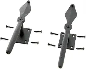 Renovators Supply Manufacturing Shutter Dogs 7 in. Decorative Spoon Shaped Black Wrought Iron Shutter Dogs with Mounting Hardware