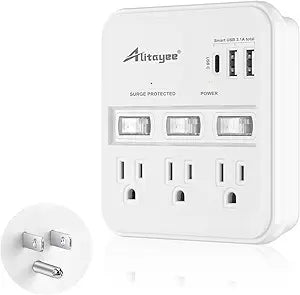 Alitayee Wall Outlet Extender Surge Protector,3 USB 3 Outlets,3 Switches